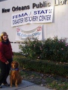 Janet Velenovsky and Kaizen visit  a disaster recovery center in Louisiana.