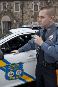 Detective Raymond Walter of the Palisades Interstate Parkway Police operating a new APX6000 radio on PSIC.  Photo by Anthony Toranto, PIPC.