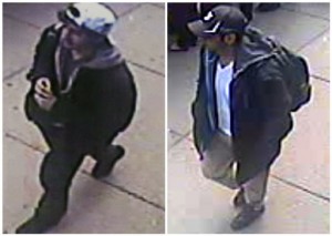 This combination of images released by the FBI on Thursday, April 18, 2013, show two images taken from surveillance video of who the FBI are calling suspect number 2, left, in white cap, and suspect number 1, right, in black cap, as they walk near each other through the crowd before the explosions at the Boston Marathon on Monday, April 15, 2013. (AP Photo/FBI)