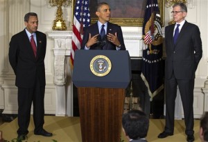 President Barack Obama announces his nominees for the Federal Communications Commission (FCC), Tom Wheeler, right, and Federal Housing Finance Authority (FHFA) Director Rep. Melvin Watt, D.C., Wednesday, May 1, 2013, in the State Dining of the White House in Washington. (AP Photo/Jacquelyn Martin)